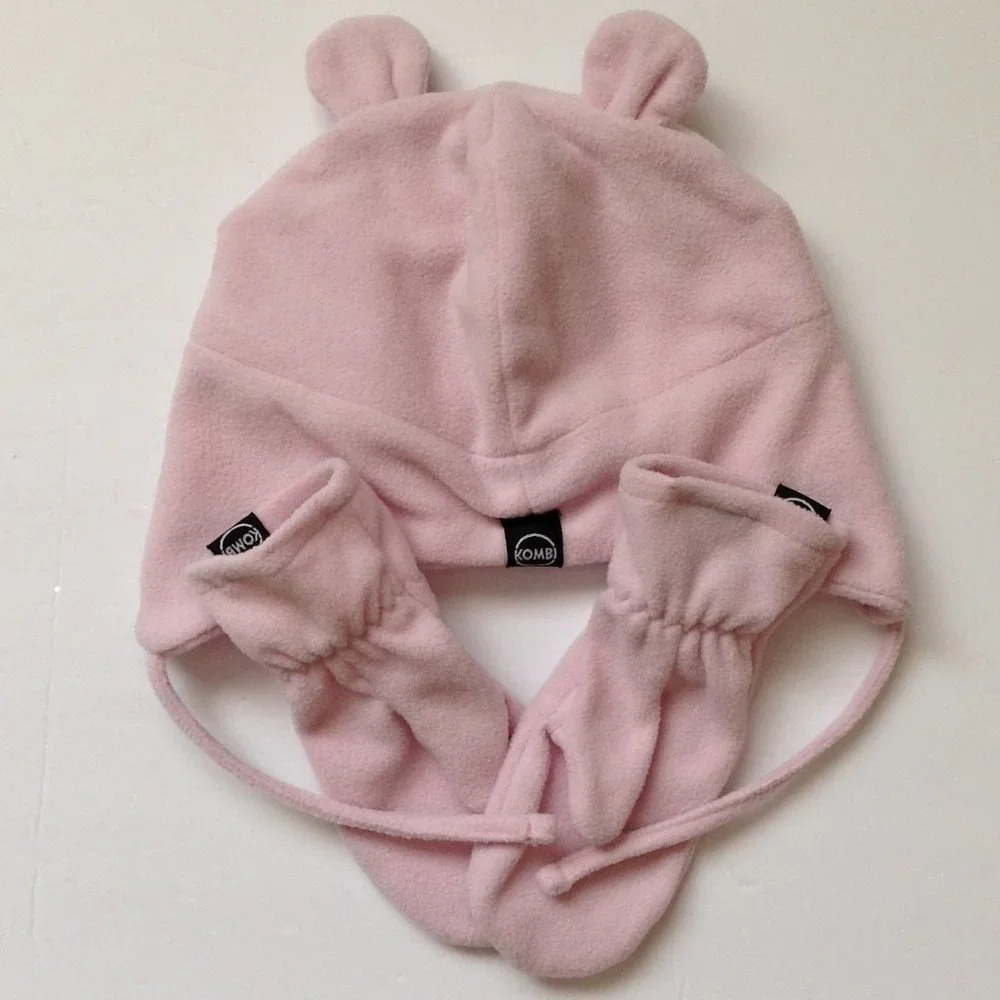 Kombi Girls Pink Fleece Hat + Matching Mittens Set Bunny Ears Size 1